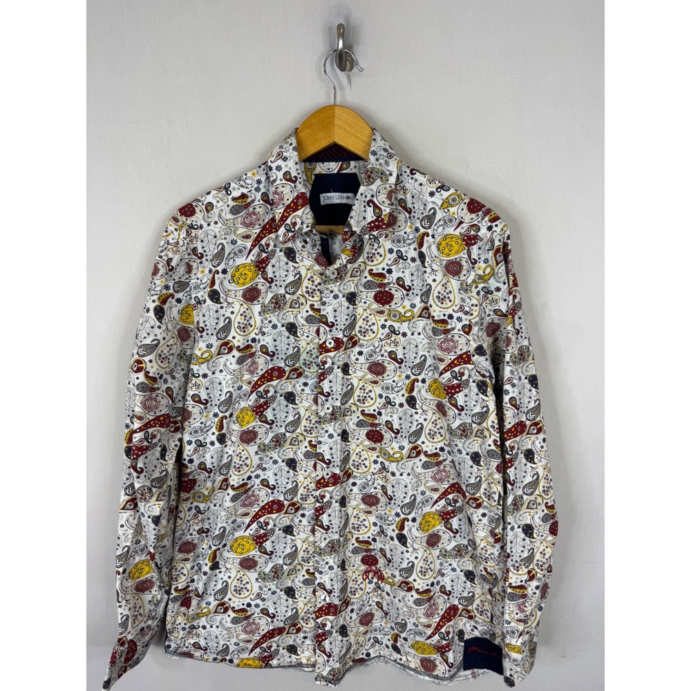 John Lennon Paisley Button Down Shirt Mens L Psychedelic Peace Sign White
